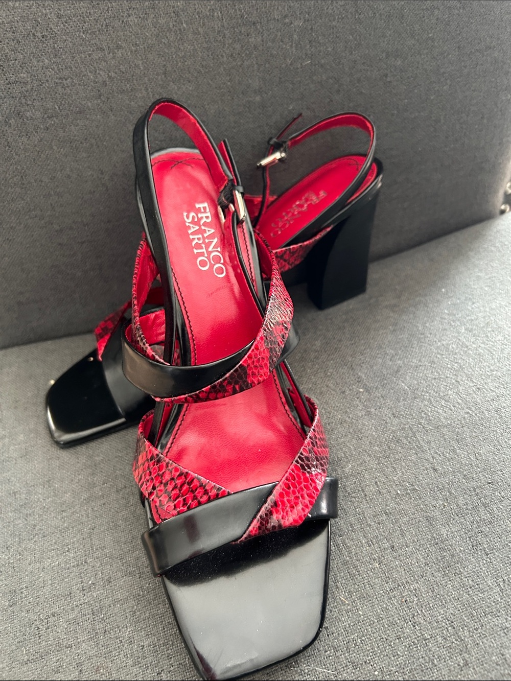 Franco Sarto Red & Black Snake-Print Block Heel Slingbacks